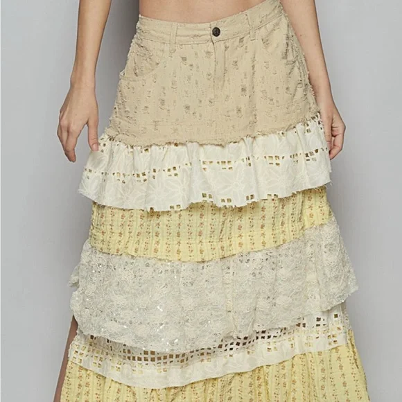 POL Yellow and Cream Tiered Maxi Skirt / NWOT - Picture 3 of 5